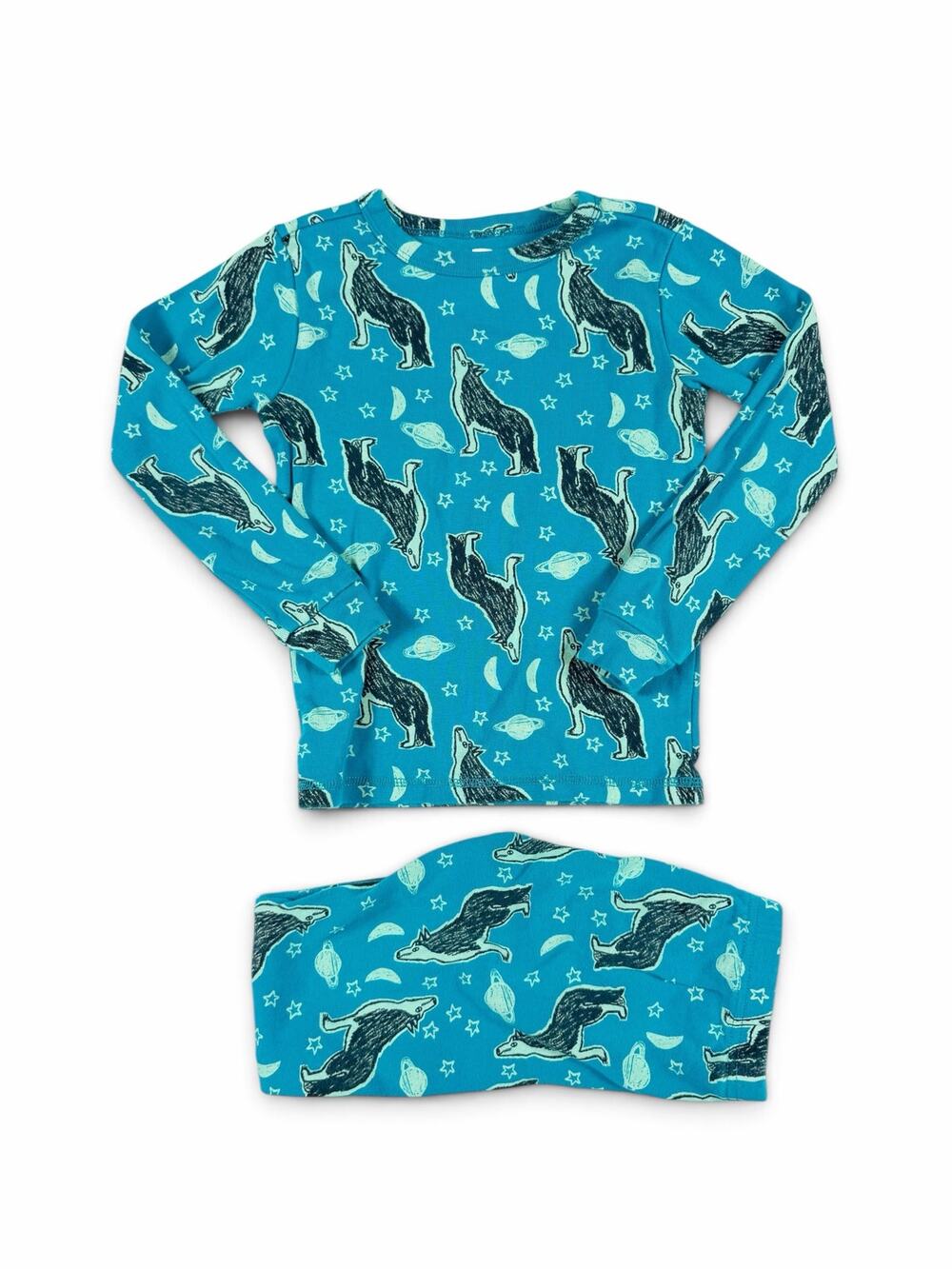 Tea Collection Glow in the Dark Wolf Space Long Sleeve Pajamas Blue Size 7
